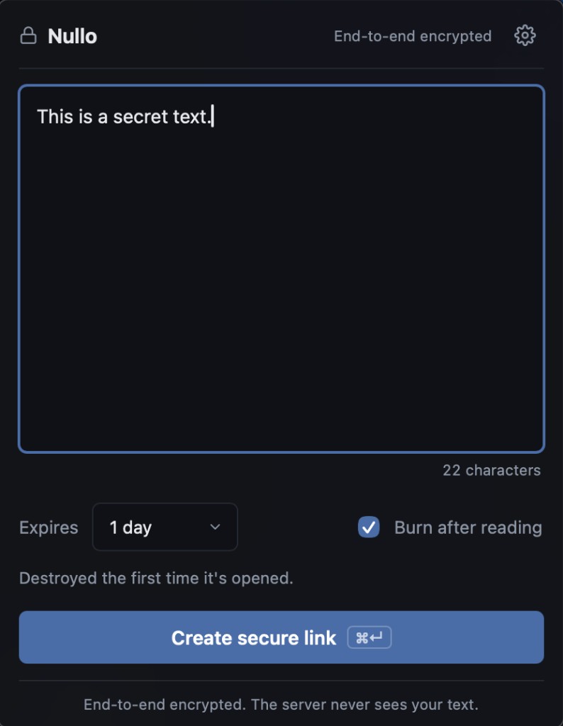 The Nullo menu-bar app with a secret message typed in, ready to encrypt.