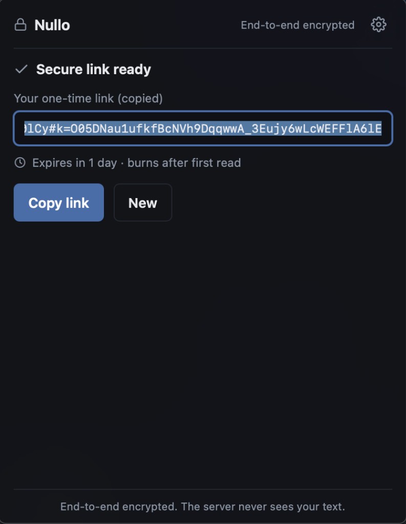 The Nullo app showing a generated secure link, ready to share.