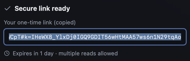 The Nullo app showing a generated secure link ready to copy and share.